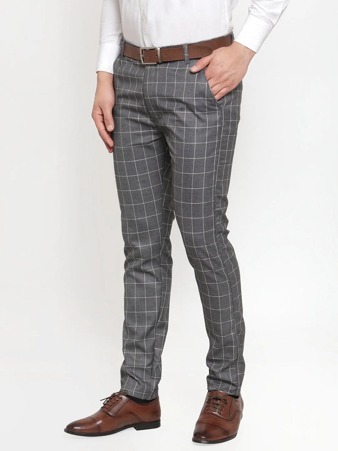 Men's Grey Checked Formal Trousers ( GP 254Grey ) - Jainish