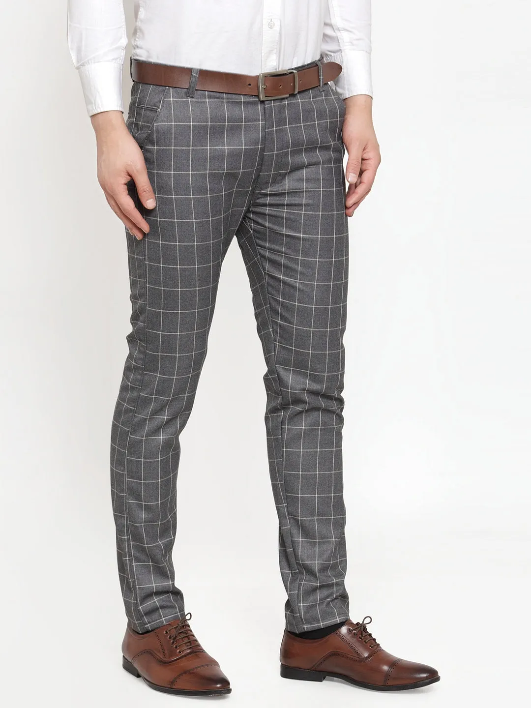 Men's Grey Checked Formal Trousers ( GP 254Grey ) - Jainish