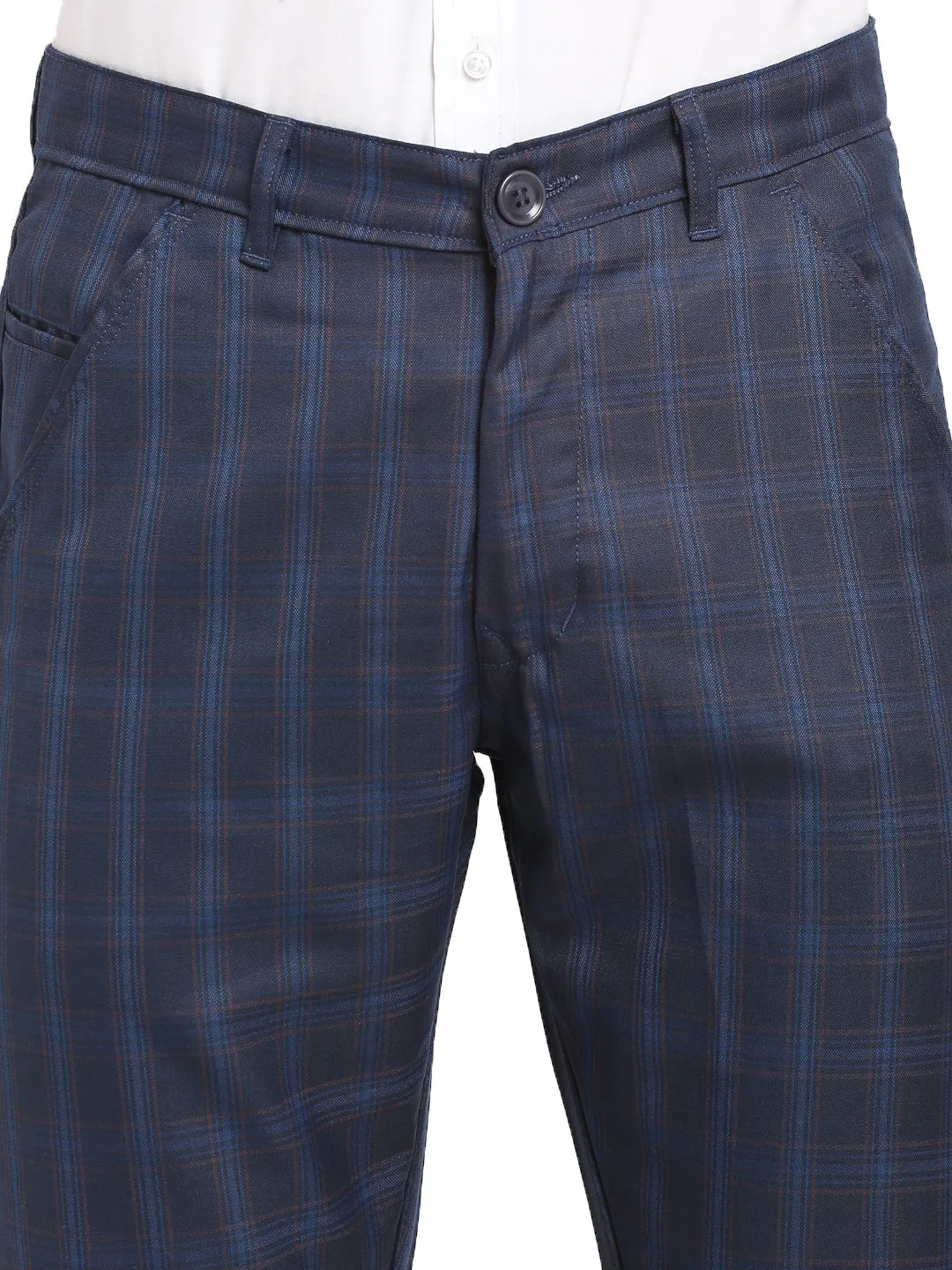 Men's Navy Blue Cotton Checked Formal Trousers ( FGP 267Navy ) - Jainish