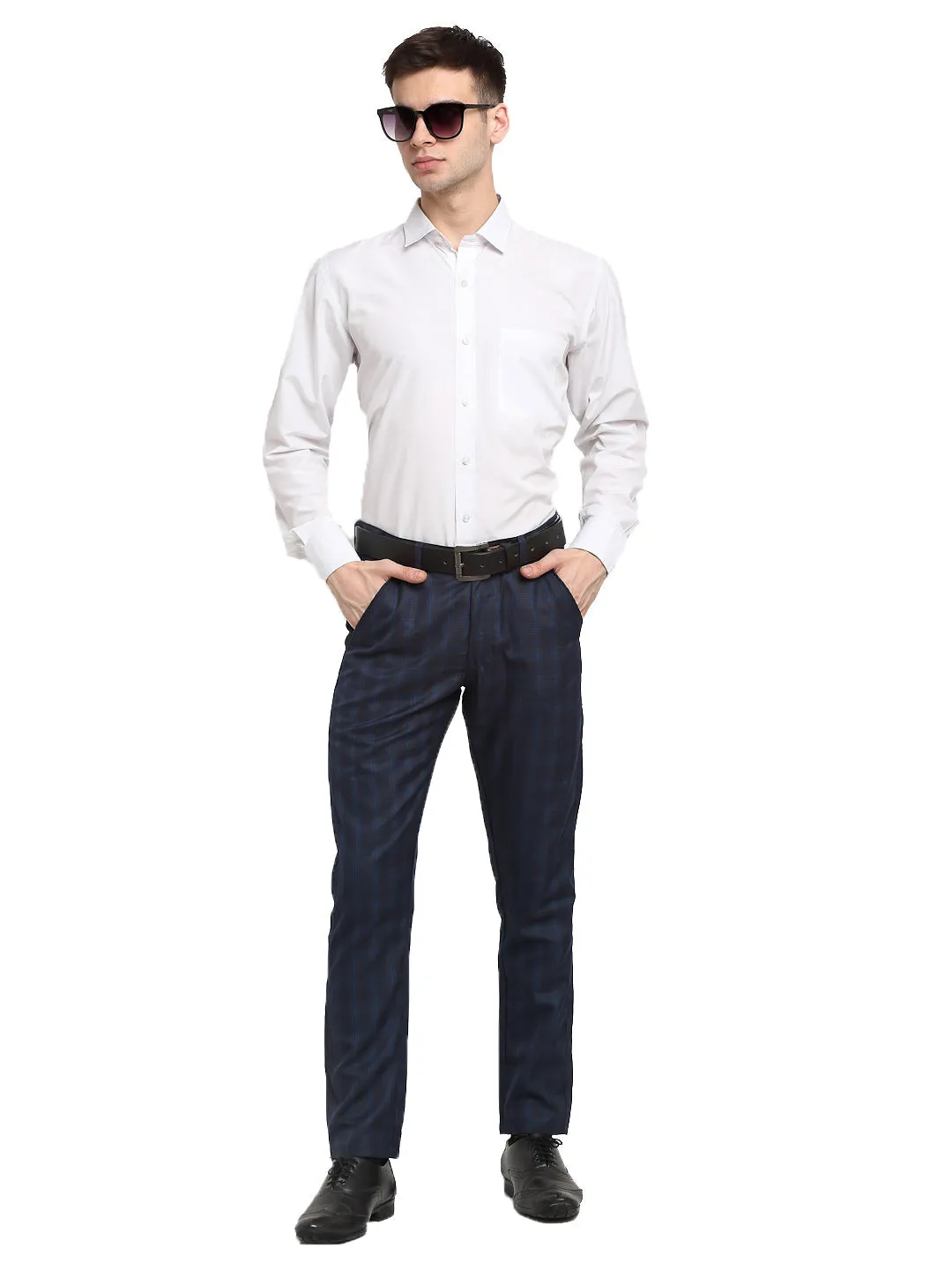 Men's Navy Blue Cotton Checked Formal Trousers ( FGP 267Navy ) - Jainish