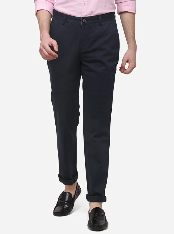 Navy Blue Slim Fit Solid Casual Trouser | JadeBlue