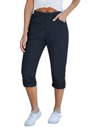 Navy Blue Women's High Wasited Cargo Pants Cuffed Hem Elastic Waist Capri Pants With Pockets