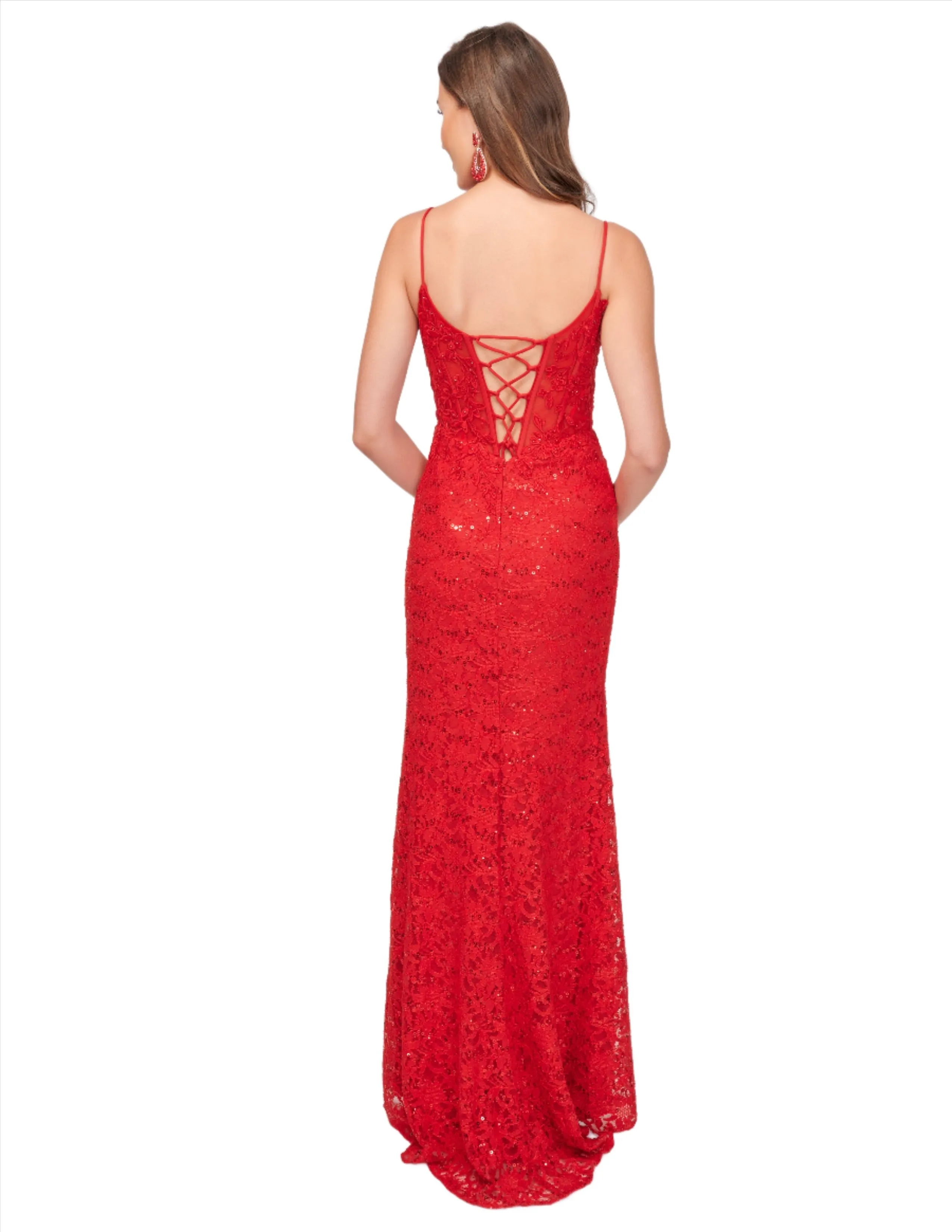 Nina Canacci 1568 Size 4 Red Sheer Lace Corset Formal Dress Slit Prom Evening Gown Sequin Crystal V Neck