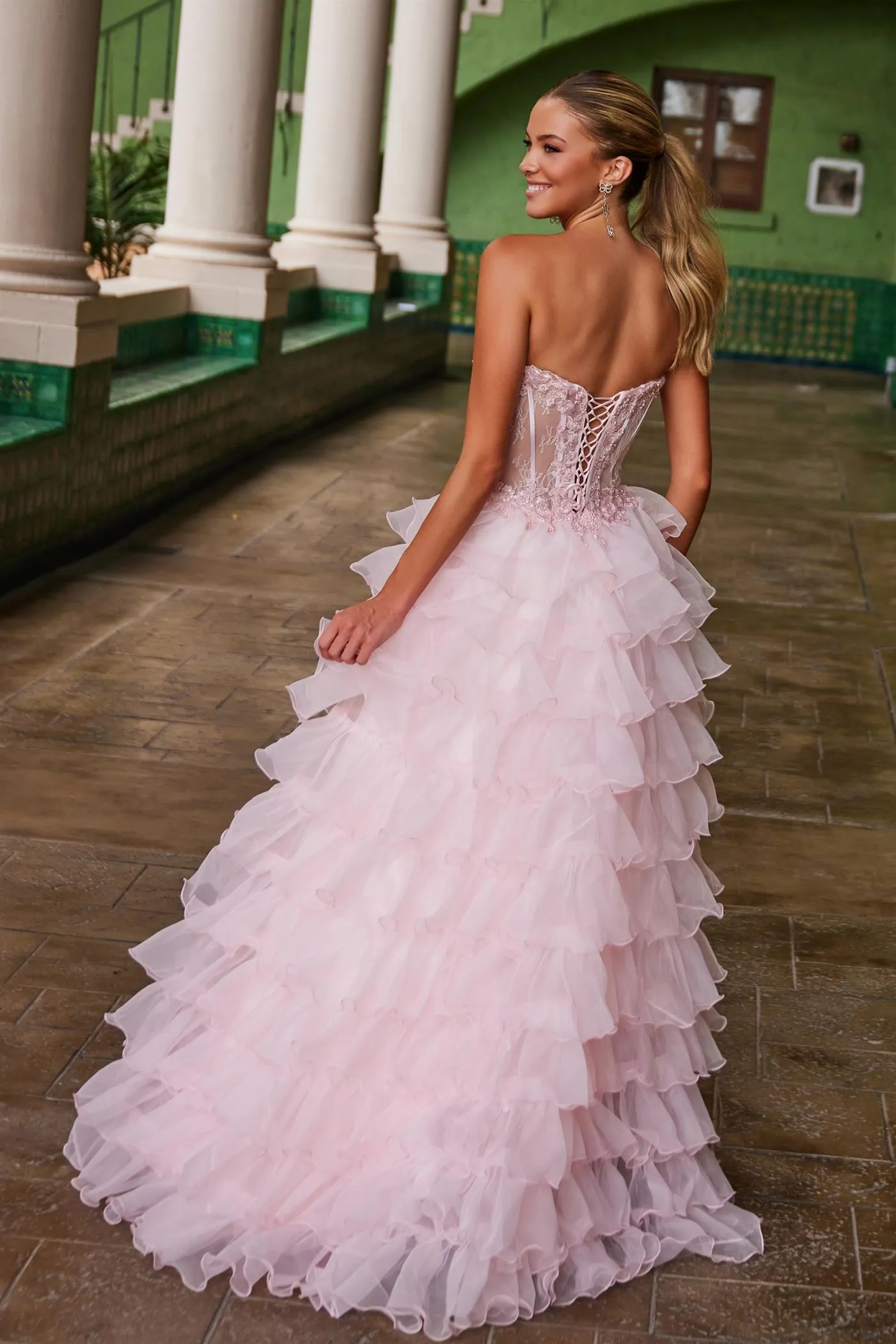 Nox Anabel R1688 Size 00, 8 Pink Lace Corset Ruffle A Line Prom Dress Maxi Slit Layered ballgown Formal Strapless