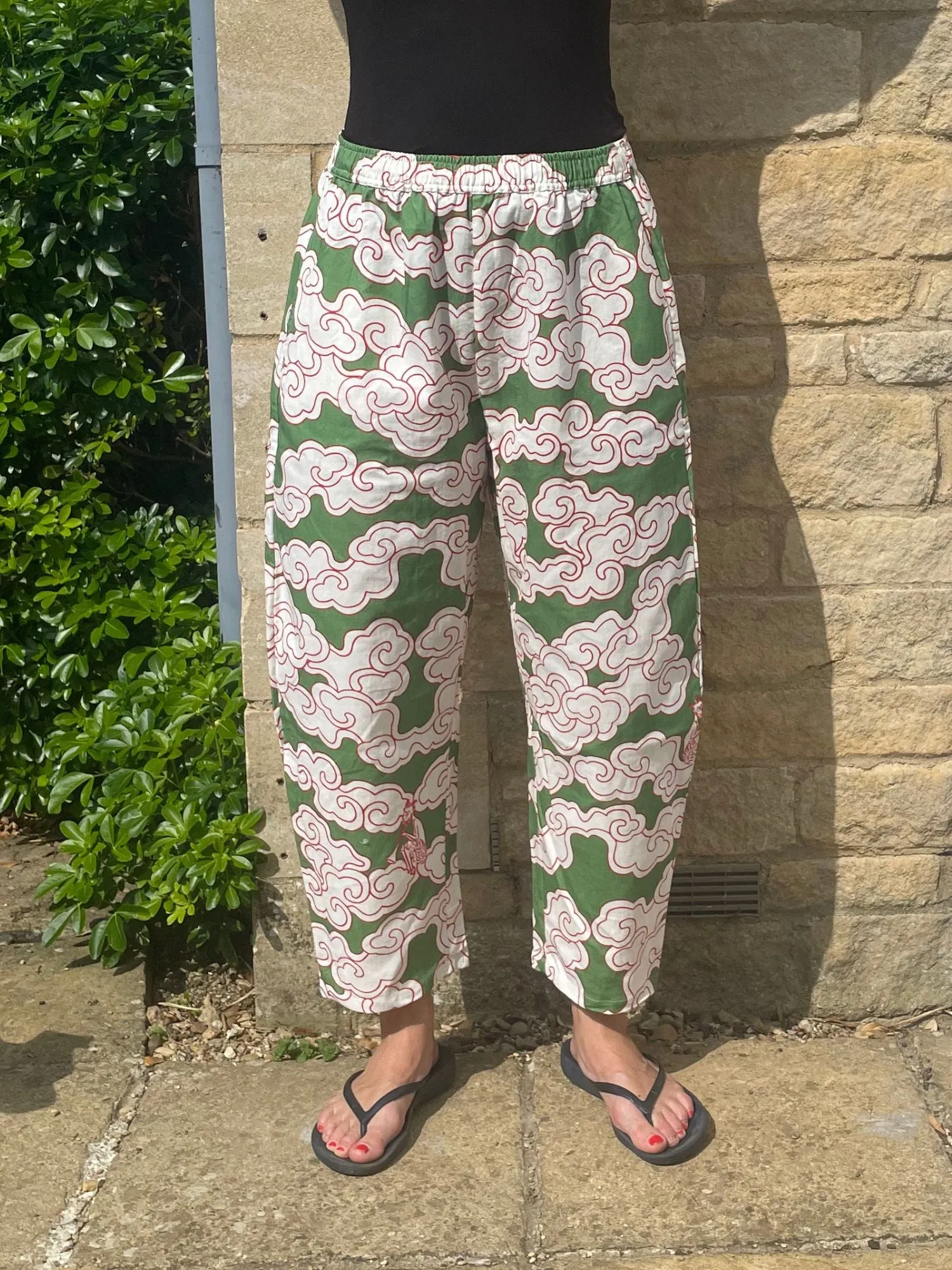 Organic Cotton & Linen Green Clouds Balloon Trousers