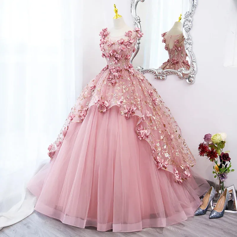 Pink Flowers Round Neckline Floor Length Sweet 16 Dress, Pink Long Formal Dress