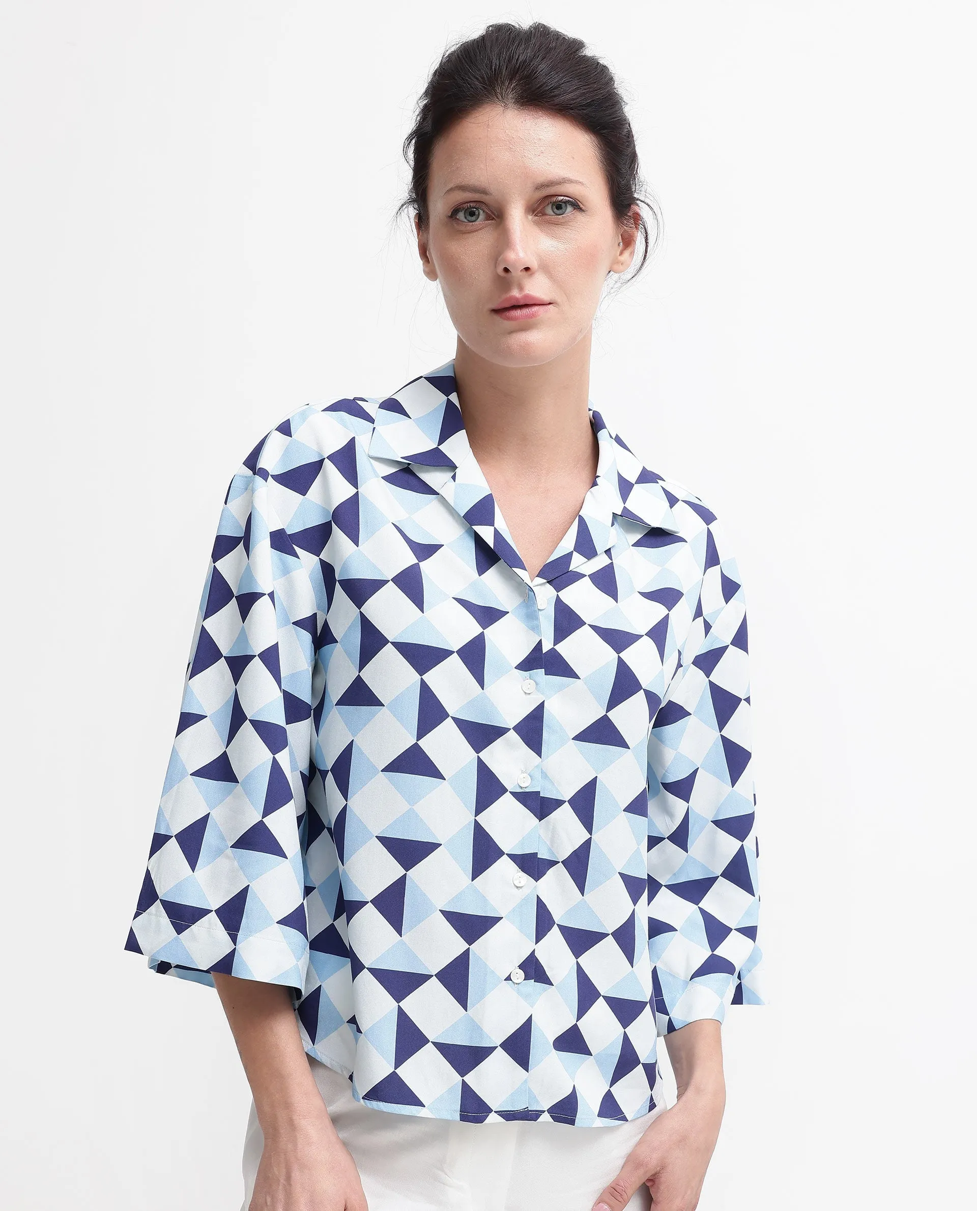 Rareism Women Acerra Blue 3/4Th Sleeve Collared Neck Button Closure Geometric Print Shirt