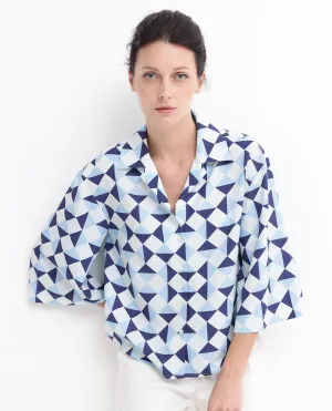 Rareism Women Acerra Blue 3/4Th Sleeve Collared Neck Button Closure Geometric Print Shirt