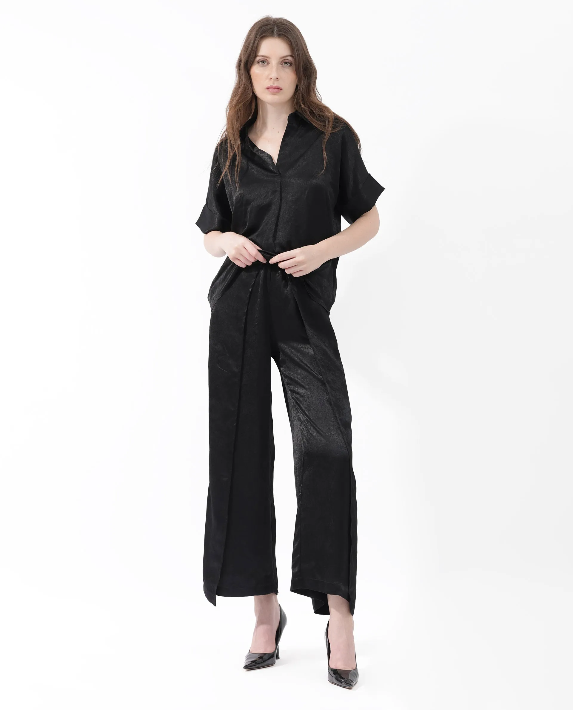 Rareism Women Colet Black Polyester Fabric Tie-Up Closure Wide Leg Fit Plain Ankle Length Trousers