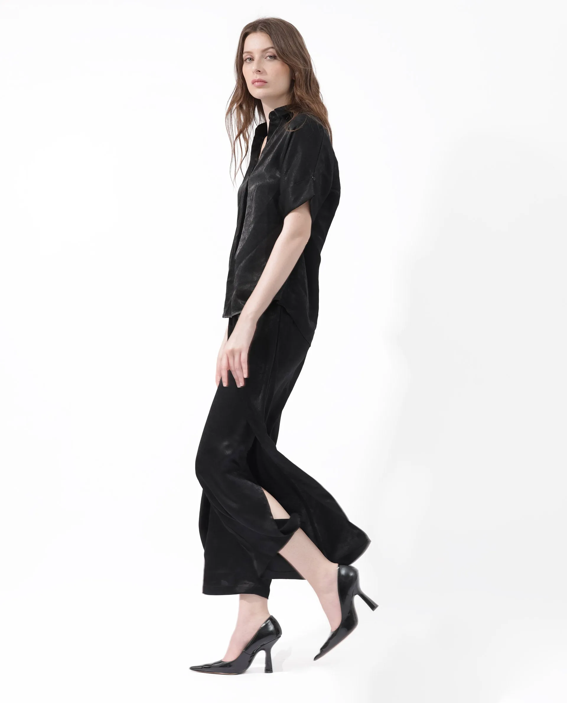 Rareism Women Colet Black Polyester Fabric Tie-Up Closure Wide Leg Fit Plain Ankle Length Trousers