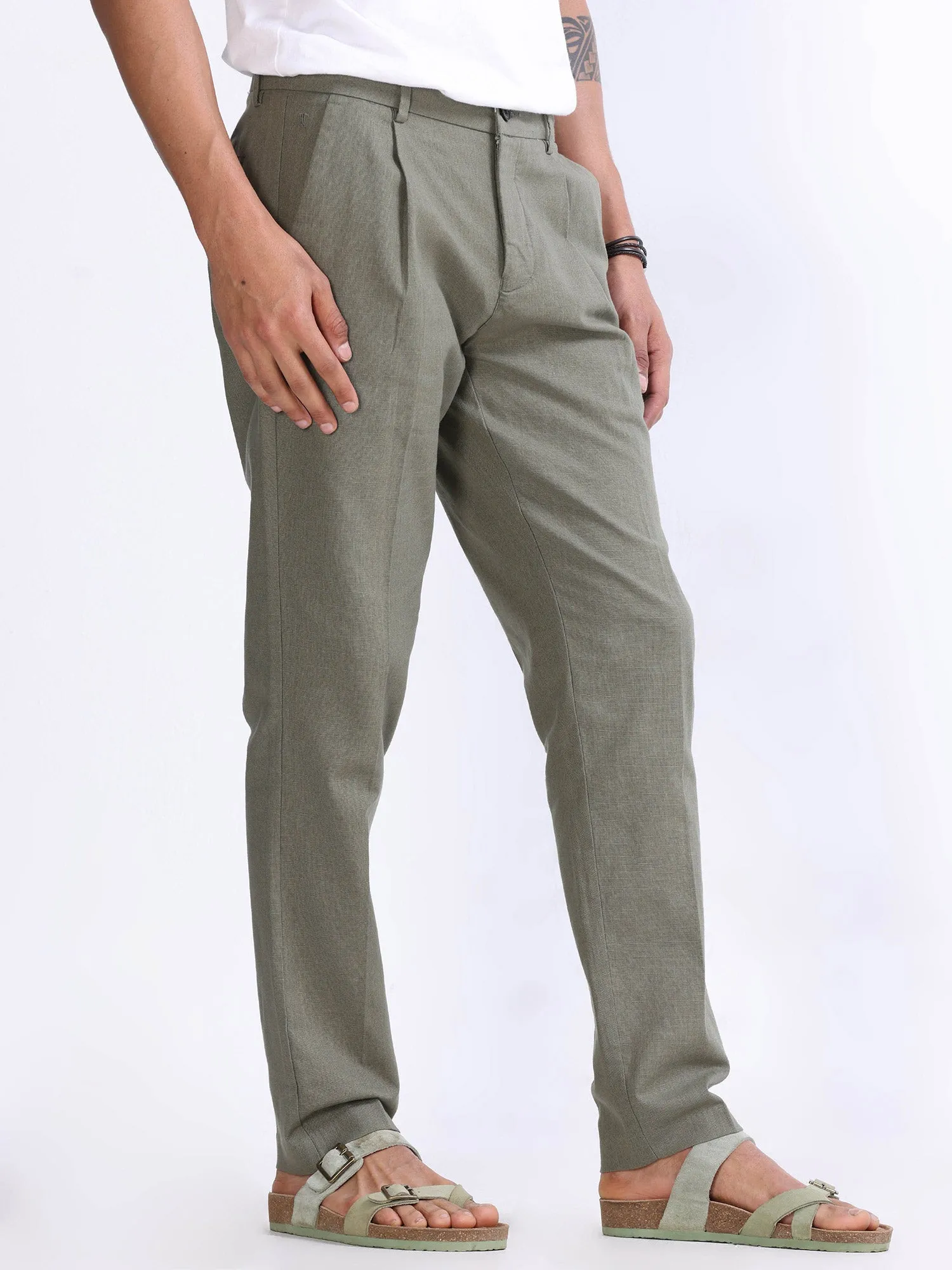 Raw Slub Pine Olive Pleated Pant