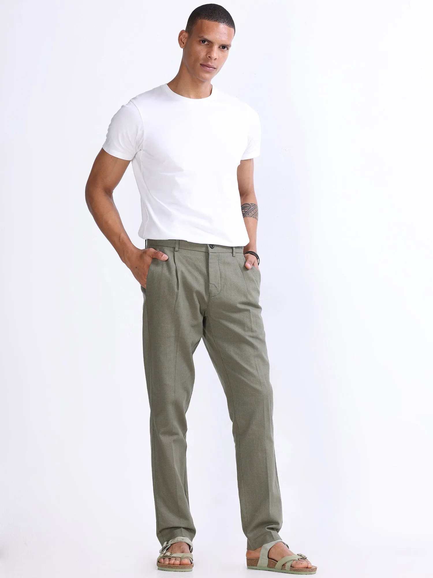 Raw Slub Pine Olive Pleated Pant