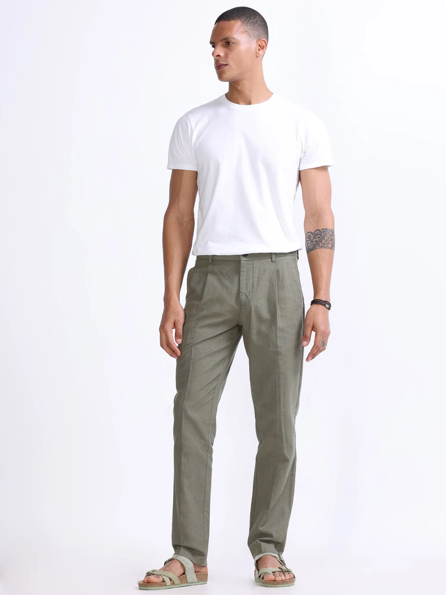 Raw Slub Pine Olive Pleated Pant