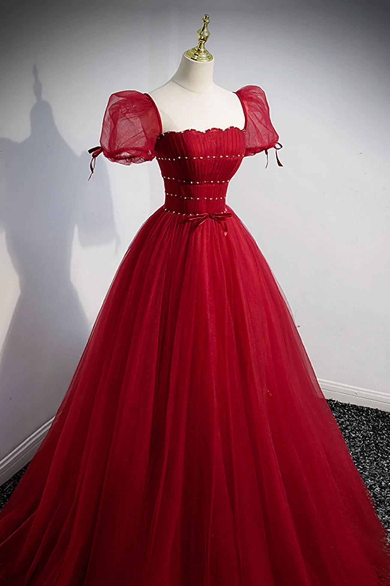 Red Beaded Tulle A-Line Long Formal Dress Red Prom Dress