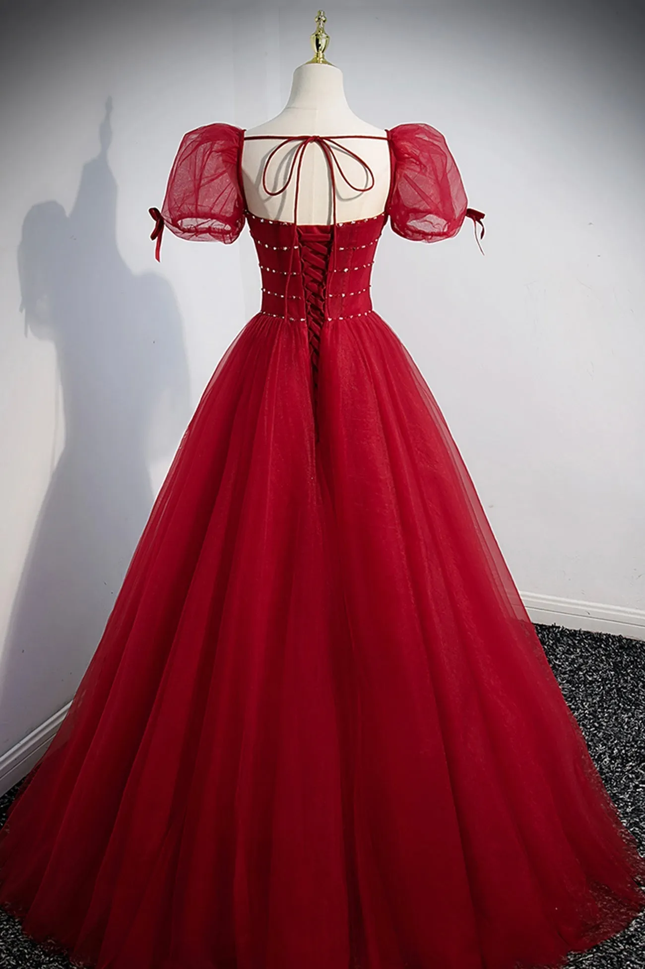 Red Beaded Tulle A-Line Long Formal Dress Red Prom Dress