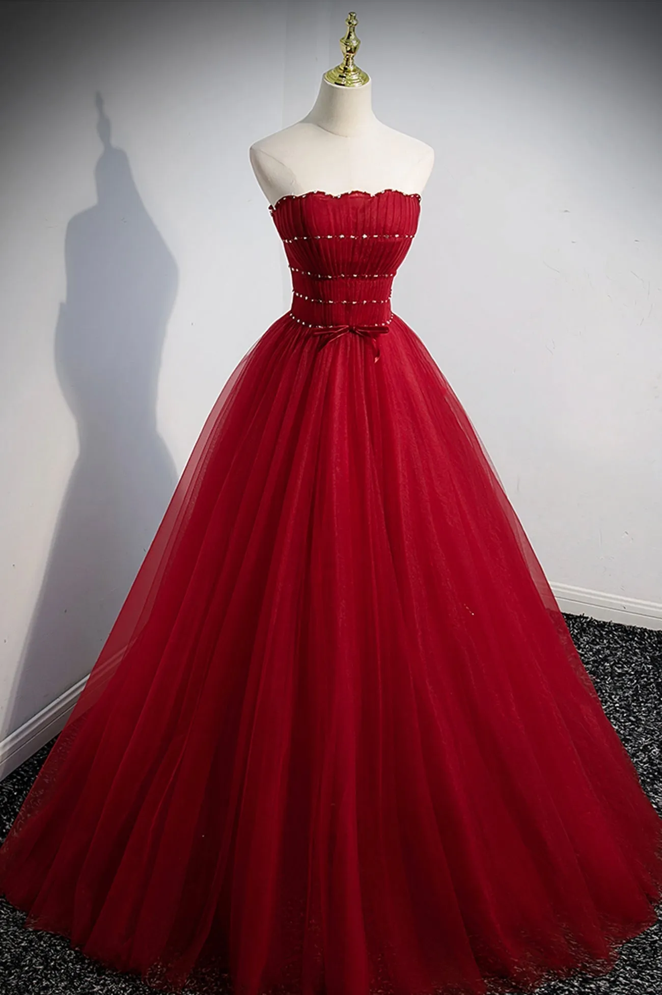 Red Beaded Tulle A-Line Long Formal Dress Red Prom Dress