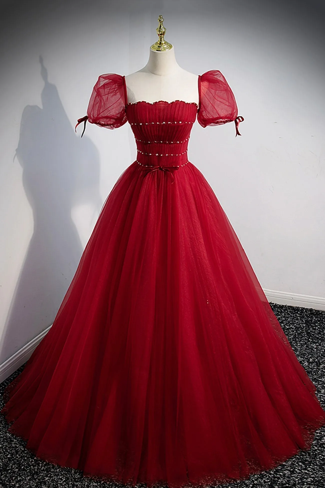 Red Beaded Tulle A-Line Long Formal Dress Red Prom Dress