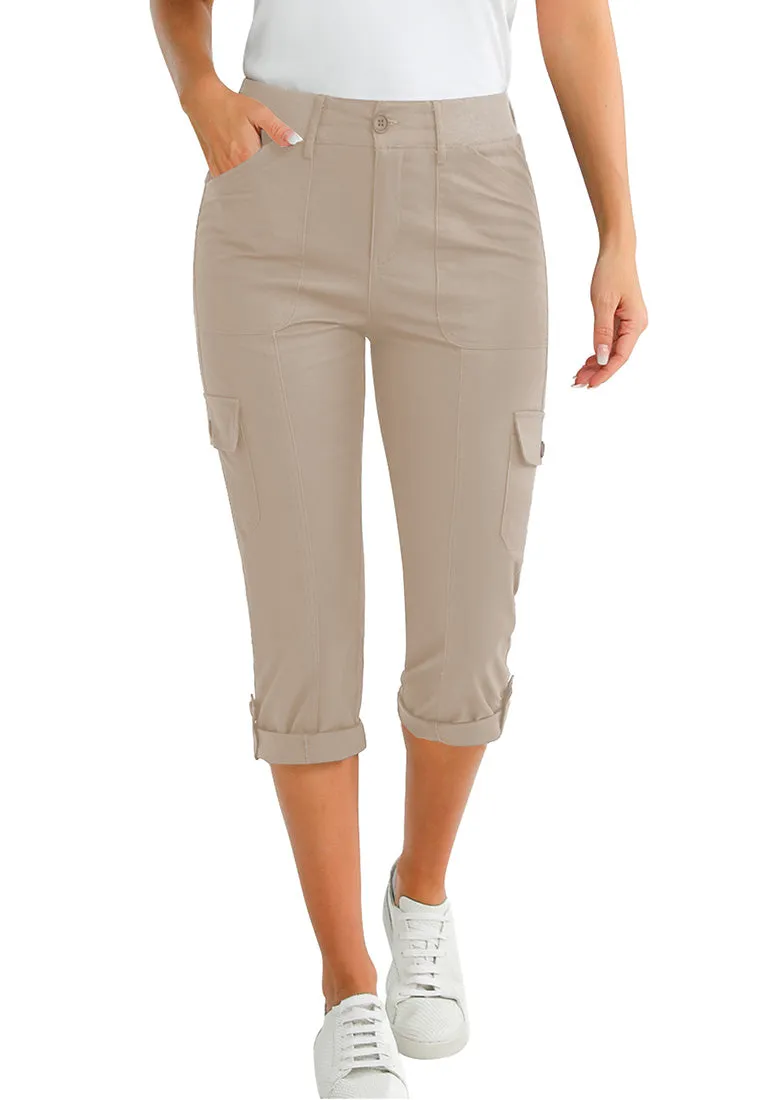 Safari Women's High Wasited Cargo Pants Cuffed Hem Elastic Waist Capri Pants With Pockets