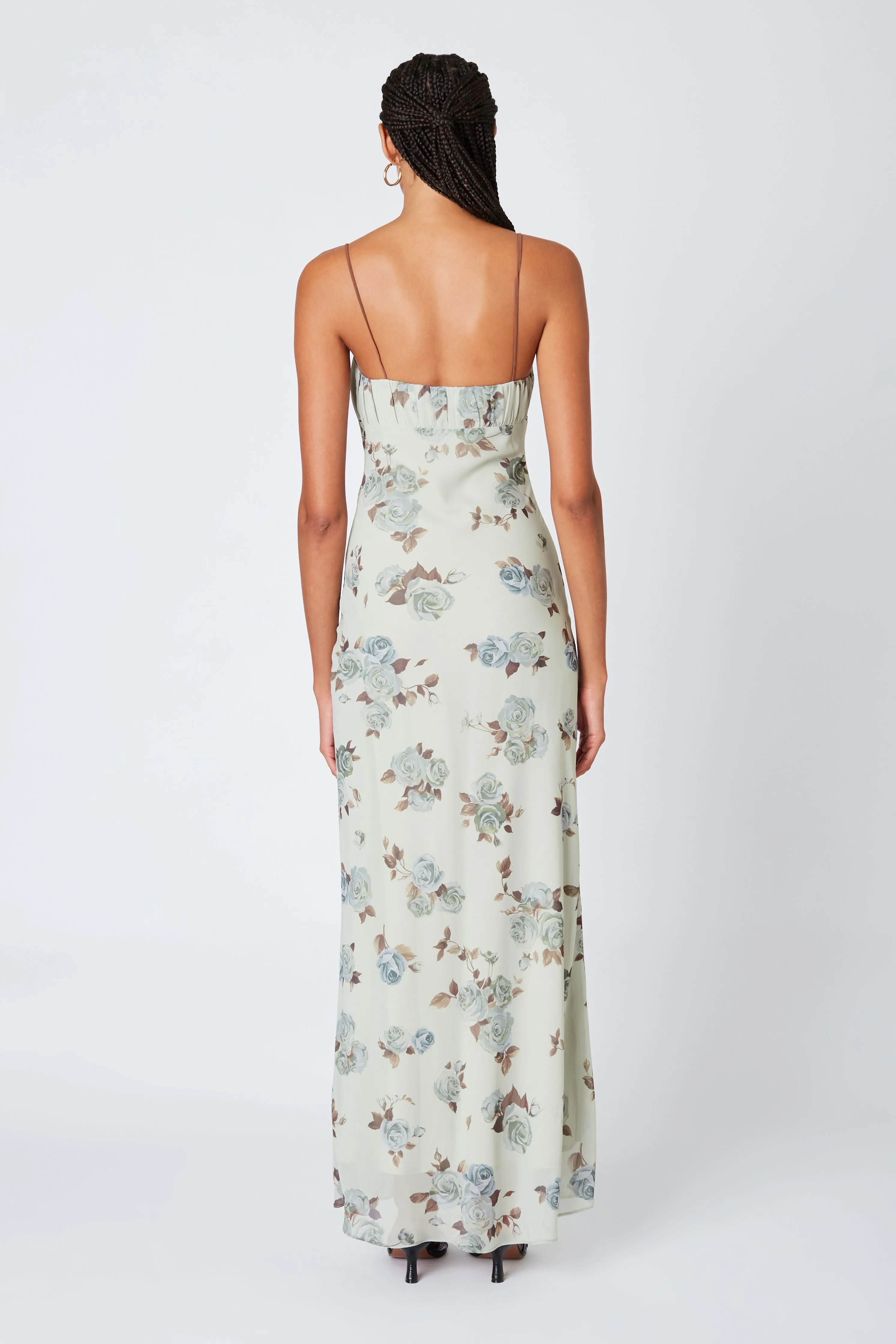 Sarah Rose Floral Print Milkmaid Maxi Mesh Dress - Sage