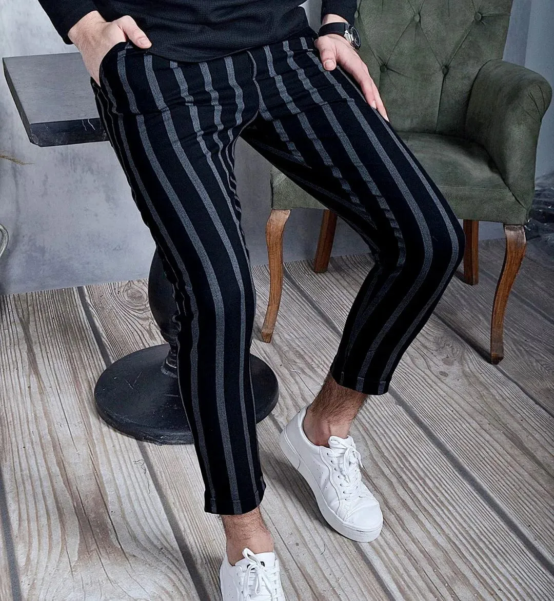 Sleek Stripe Pants: Men's Business Casual Slim Fit Pencil Trousers with Stripe Print