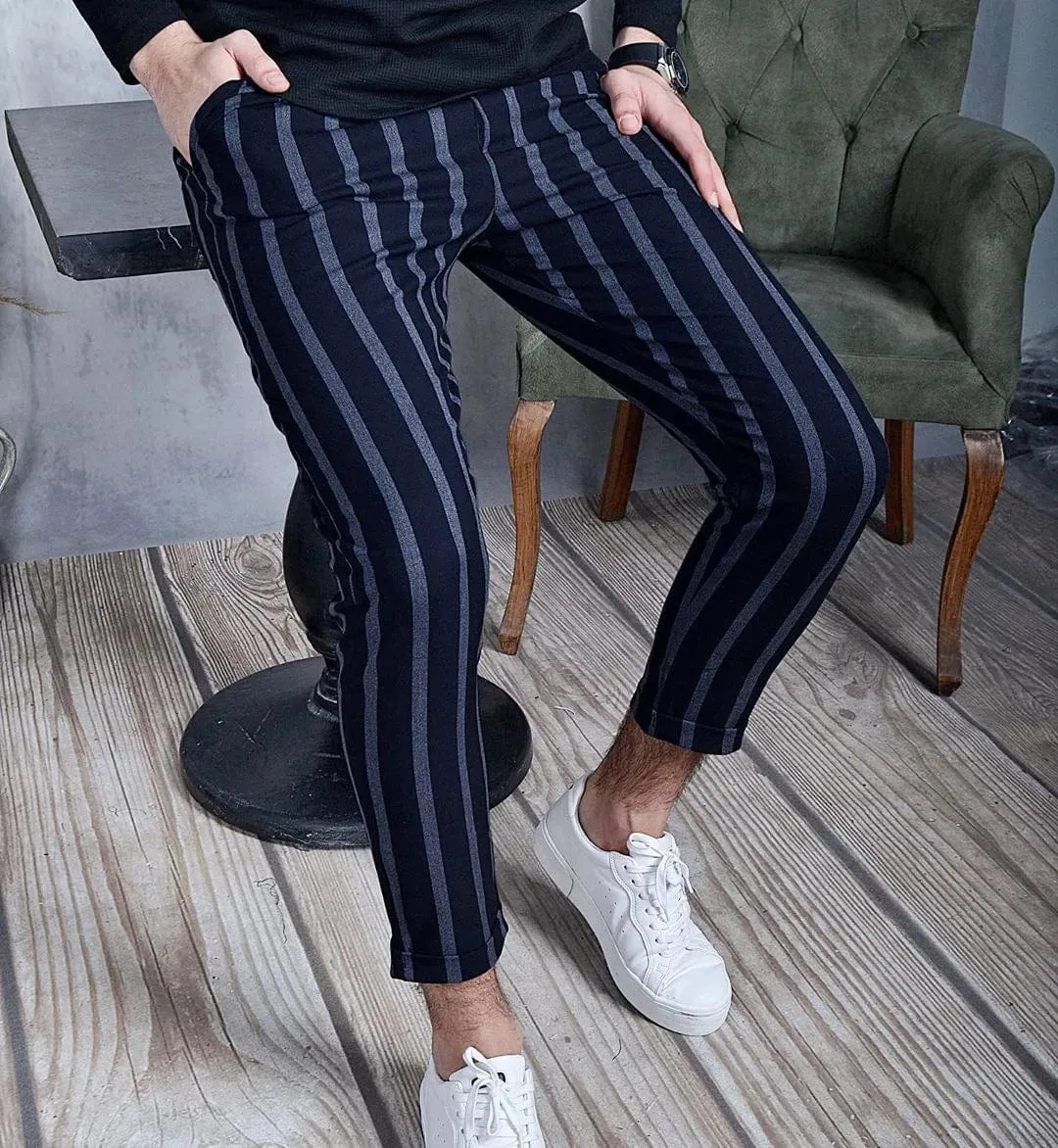 Sleek Stripe Pants: Men's Business Casual Slim Fit Pencil Trousers with Stripe Print