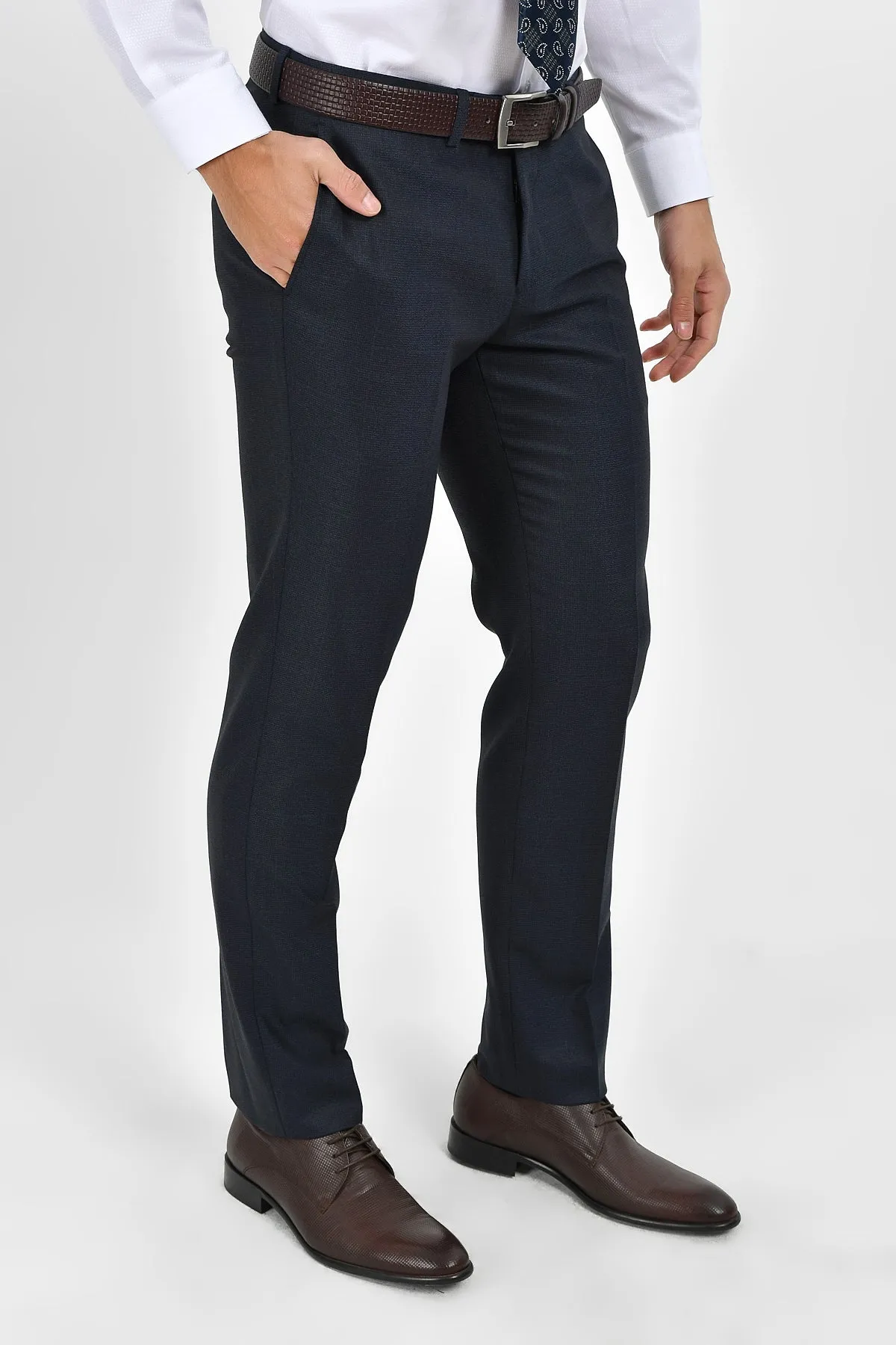 Slim Fit Dark Navy Side Pocket Low Waist Wool Dress Pants