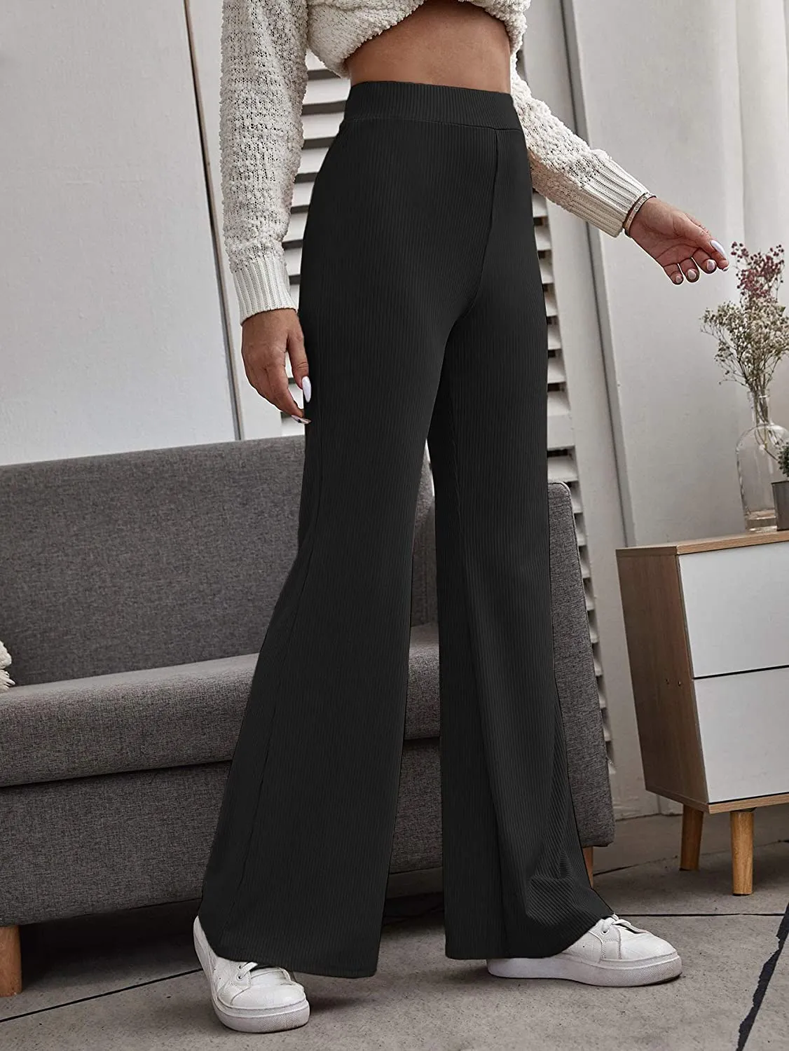 SOLY HUX Women's Elastic Waist Tie Front Flare Leg Pants Ribbed Knit Trousers