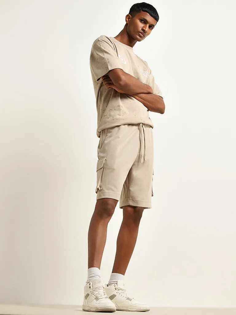 Studiofit Beige Cargo-Style Relaxed-Fit Mid-Rise Shorts