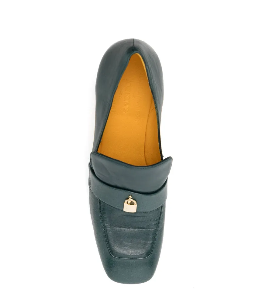 Teal Leather Lock Heel Loafer