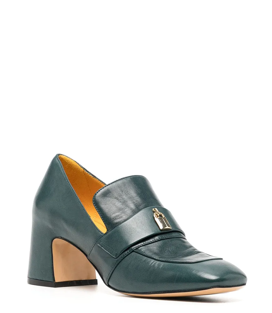 Teal Leather Lock Heel Loafer