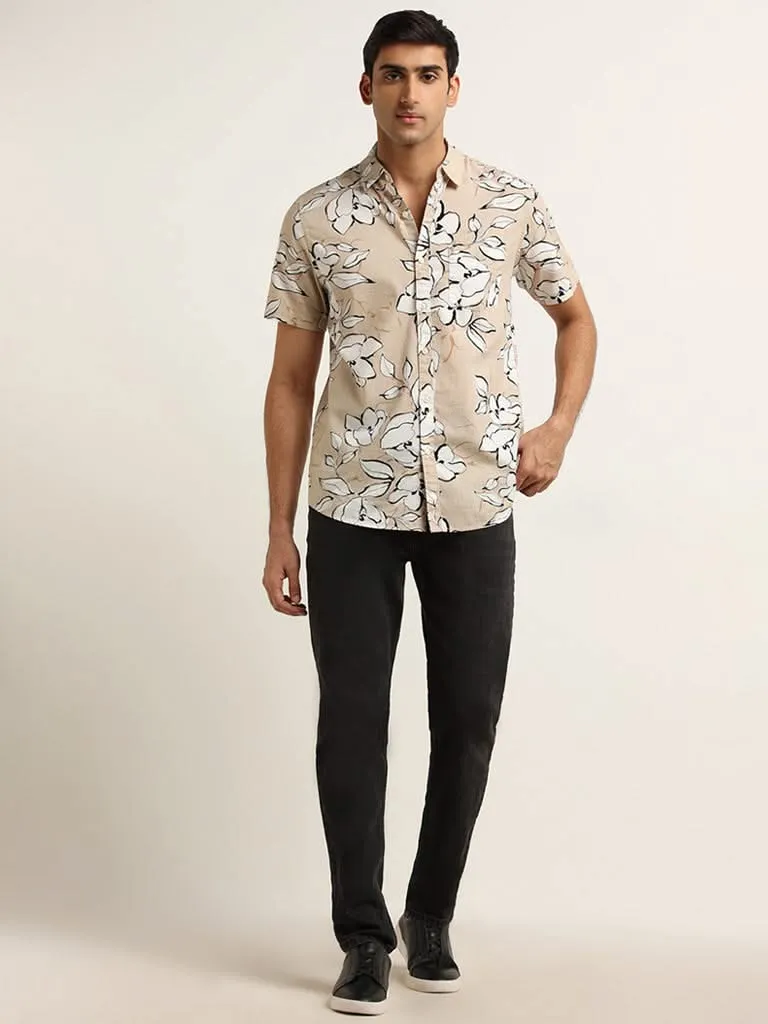 WES Casuals Beige Floral Print Slim Fit Shirt