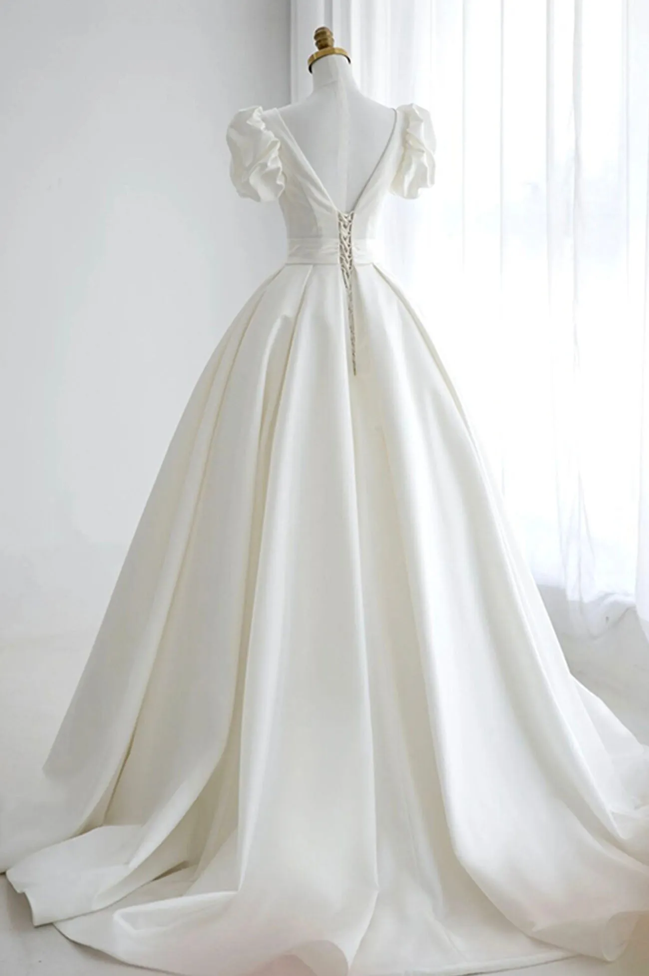 White V-Neck Satin Long Formal Dress Wedding Formal Dress