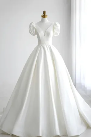 White V-Neck Satin Long Formal Dress Wedding Formal Dress