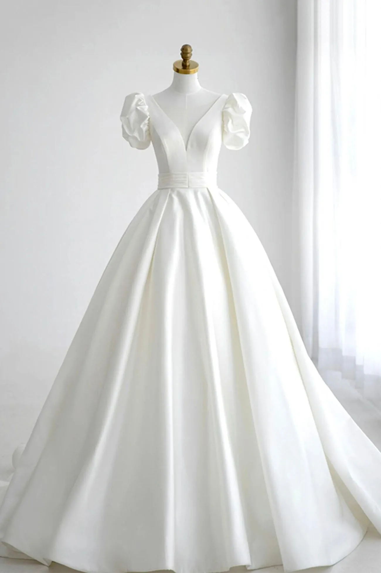 White V-Neck Satin Long Formal Dress Wedding Formal Dress