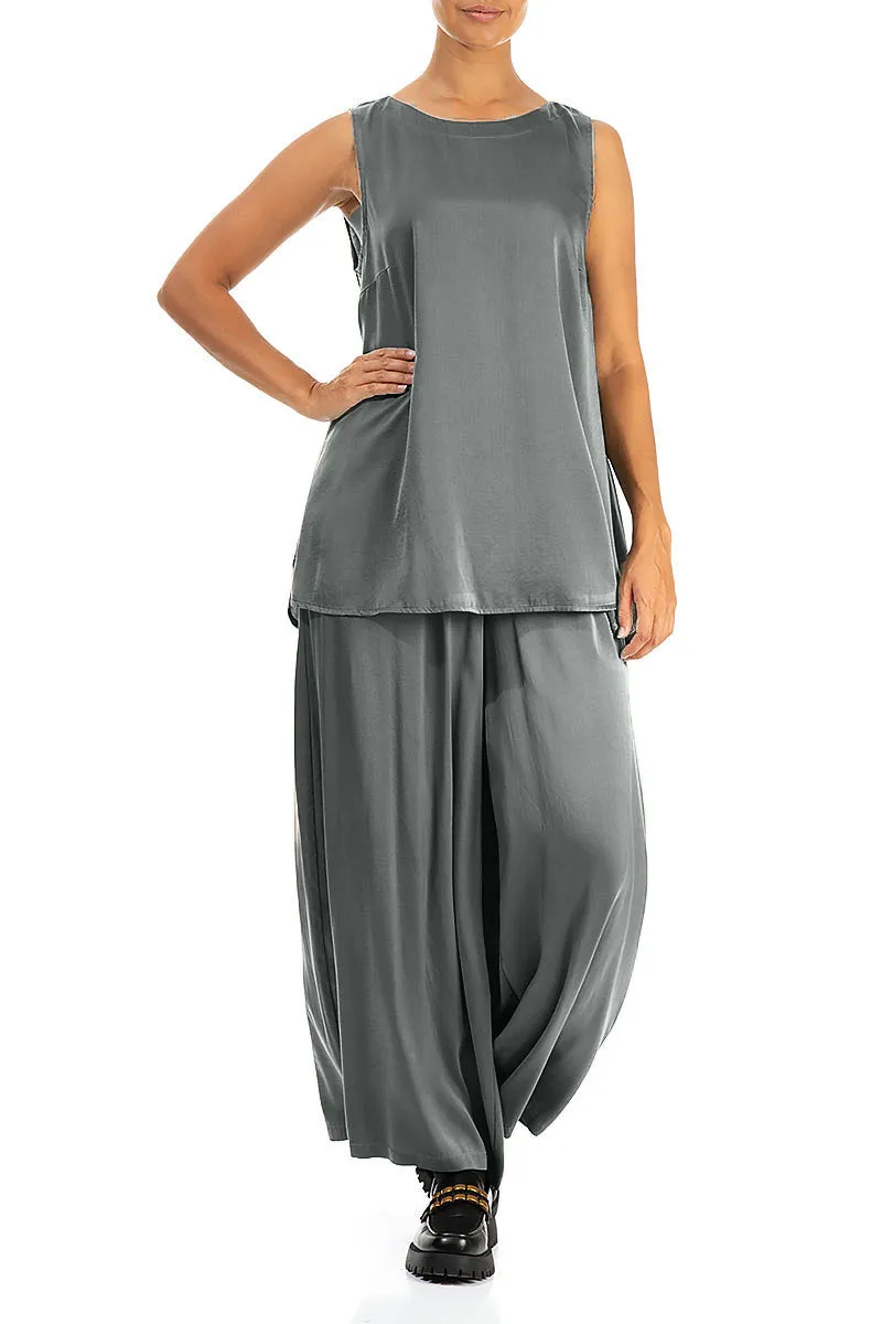 Wide Leg Silver Silk Trousers