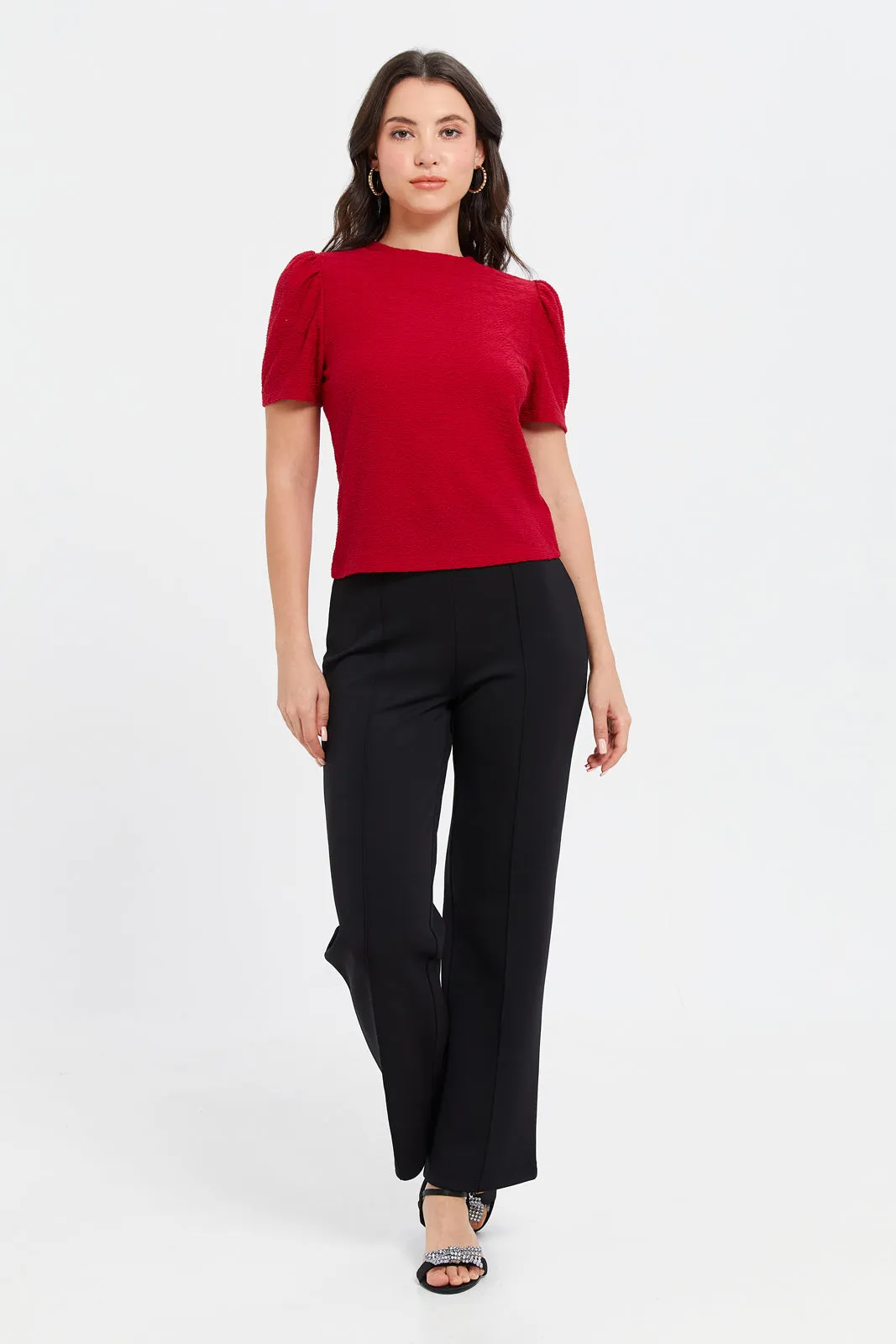 Women Red Textured Raw Edge Top