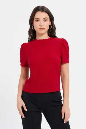 Women Red Textured Raw Edge Top