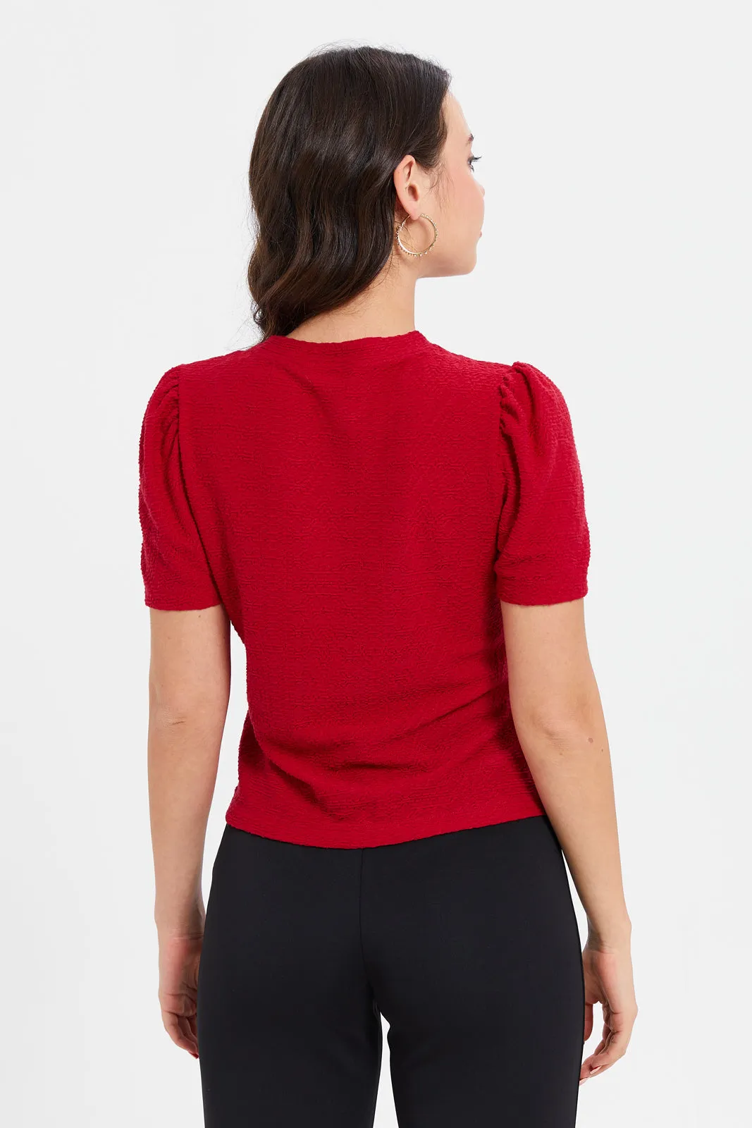 Women Red Textured Raw Edge Top